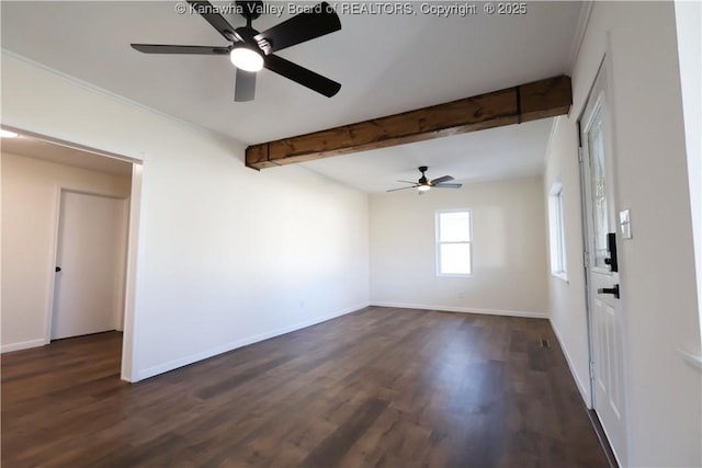 empty room with dark wood-type flooring, ceiling fan, and beam ceiling