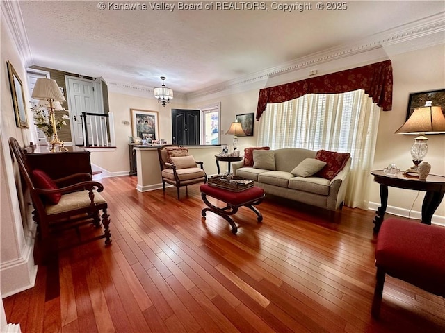 living room with a notable chandelier, wood-type flooring, ornamental molding, and a textured ceiling