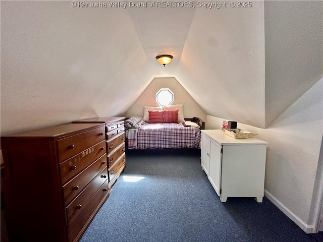 carpeted bedroom featuring vaulted ceiling