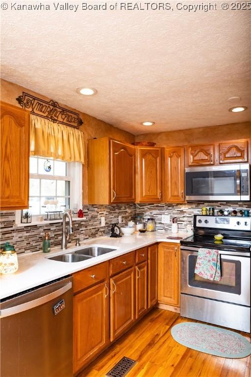 kitchen with sink, backsplash, stainless steel appliances, a textured ceiling, and light wood-type flooring