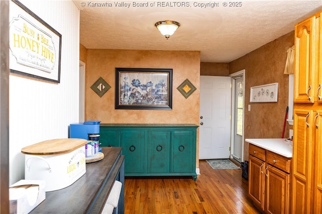 bathroom with wood-type flooring and a textured ceiling