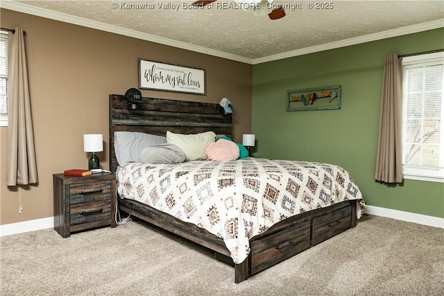 bedroom featuring ornamental molding, carpet floors, and a textured ceiling