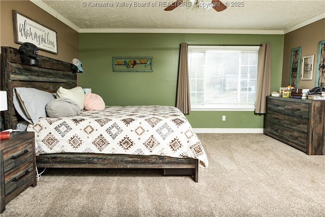 carpeted bedroom with crown molding, ceiling fan, and a textured ceiling