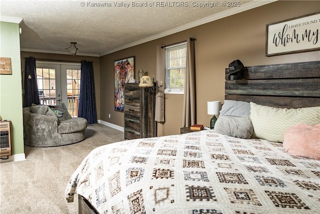 bedroom featuring access to exterior, carpet flooring, ornamental molding, a textured ceiling, and french doors