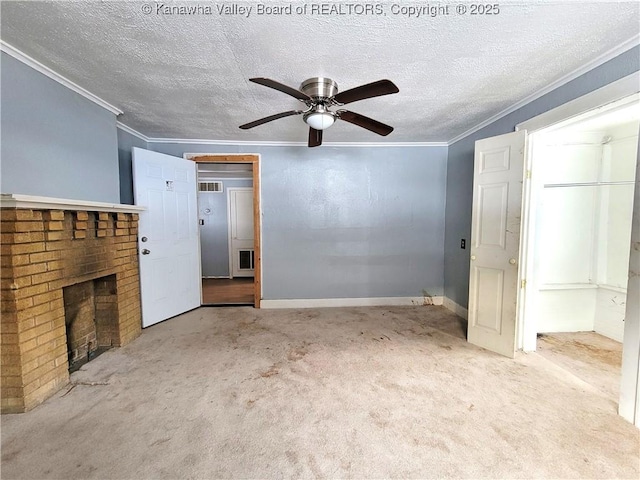 unfurnished living room featuring crown molding, a brick fireplace, light carpet, and a textured ceiling