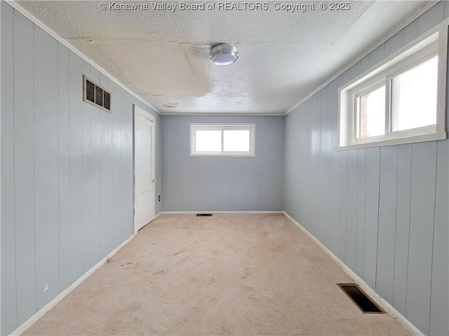 basement with carpet floors and a textured ceiling