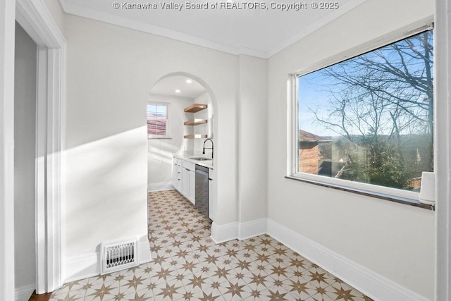 interior space with ornamental molding and sink