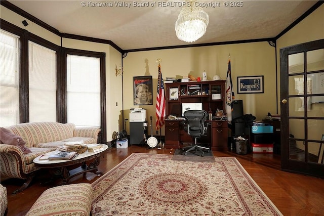 office with crown molding, dark hardwood / wood-style floors, and an inviting chandelier