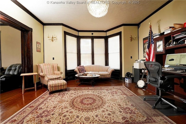 home office with ornamental molding, a chandelier, and dark hardwood / wood-style flooring