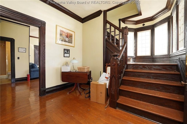 stairs with crown molding and wood-type flooring