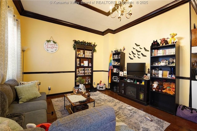 living room featuring an inviting chandelier, dark wood-type flooring, and ornamental molding