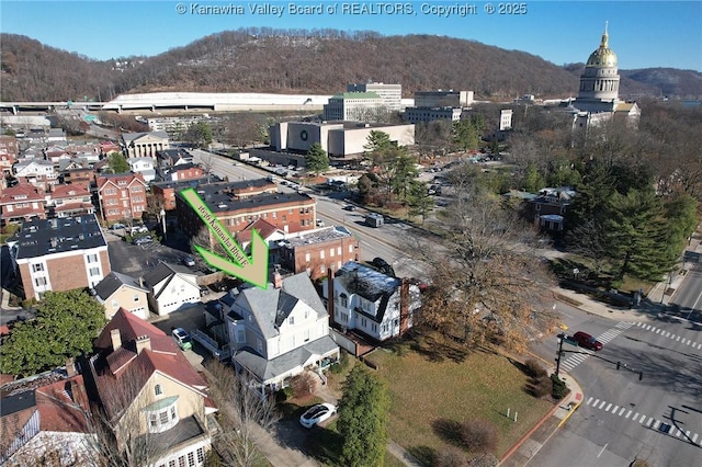 birds eye view of property featuring a mountain view