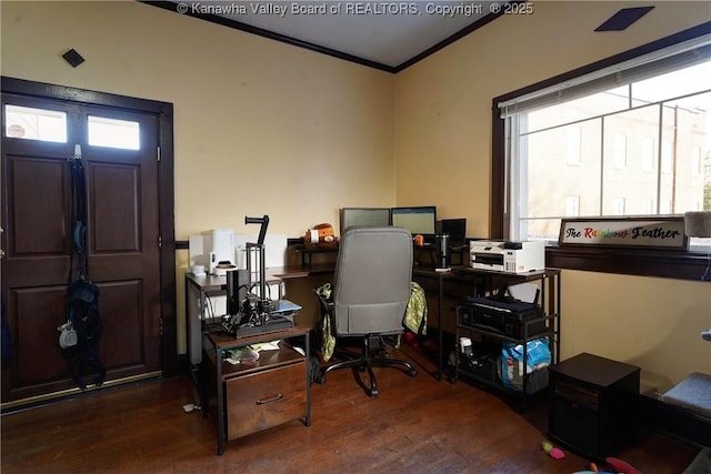 office space with crown molding and dark hardwood / wood-style floors