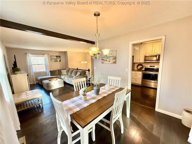 dining area with an inviting chandelier, dark hardwood / wood-style floors, and beamed ceiling