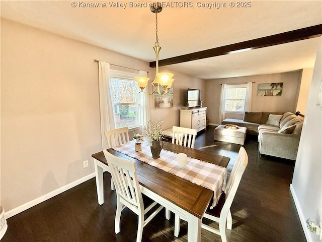 dining space featuring an inviting chandelier, beam ceiling, and dark wood-type flooring