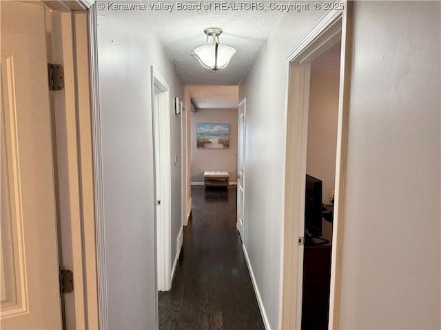 corridor featuring a textured ceiling and dark hardwood / wood-style flooring