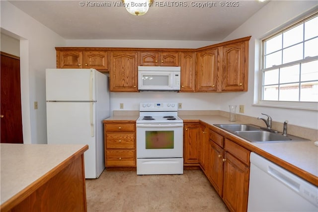 kitchen featuring sink, a textured ceiling, and white appliances