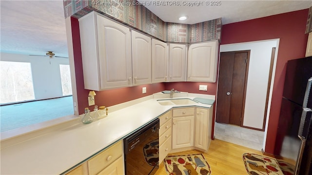 kitchen with sink, light hardwood / wood-style flooring, dishwasher, and ceiling fan