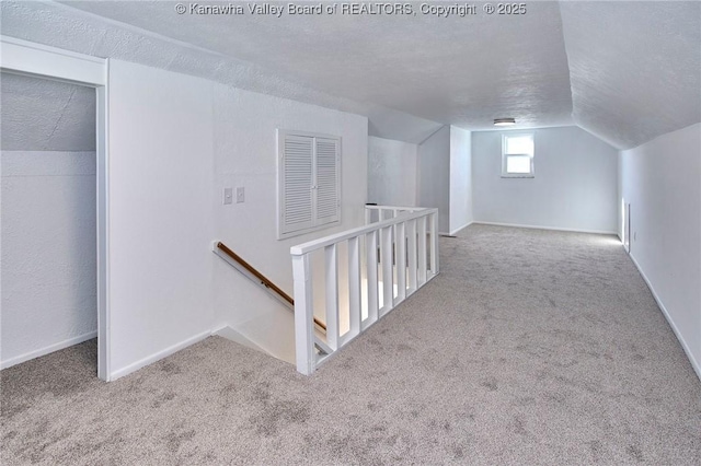 additional living space with light colored carpet, vaulted ceiling, and a textured ceiling