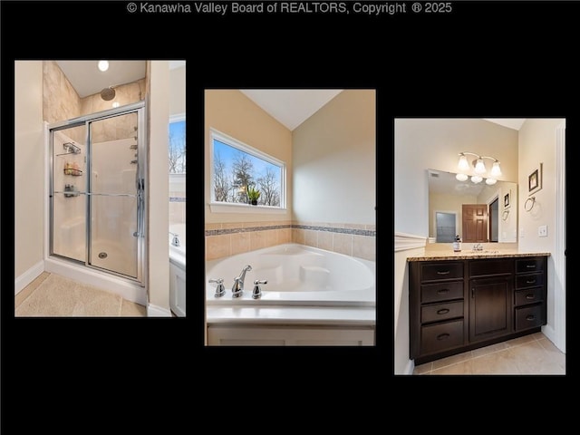 bathroom featuring tile patterned floors, vanity, plus walk in shower, and lofted ceiling