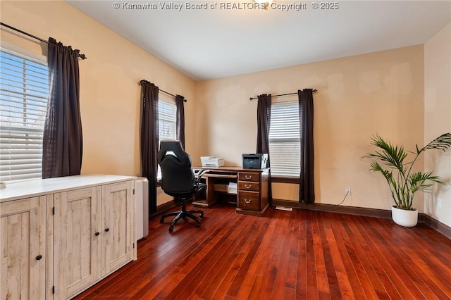 office featuring plenty of natural light and dark hardwood / wood-style flooring