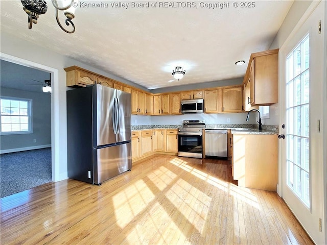 100 Oak Ridge Ln, Huntington, WV 25704 - kitchen featuring light brown cabinetry, sink, light hardwood / wood-style floors, and appliances with stainless steel finishes