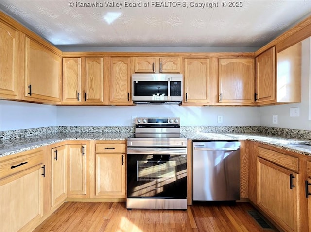 100 Oak Ridge Ln, Huntington, WV 25704 - kitchen with stainless steel appliances, light stone countertops, and light hardwood / wood-style flooring