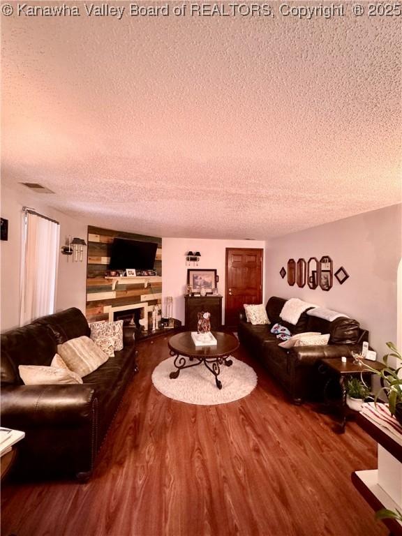 living room featuring hardwood / wood-style floors and a textured ceiling