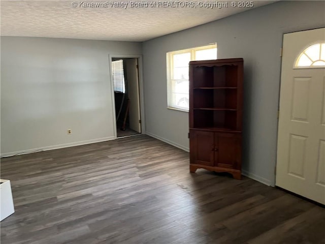 interior space with dark hardwood / wood-style flooring and a textured ceiling