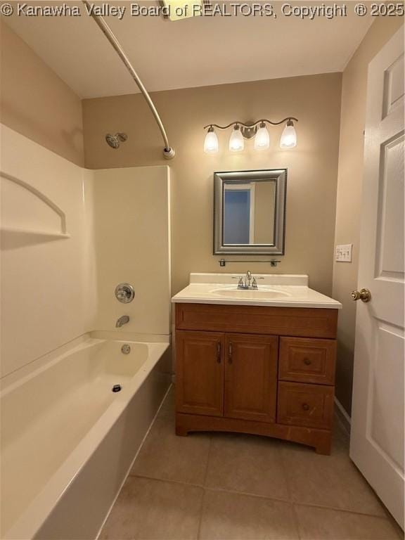 bathroom featuring  shower combination, vanity, and tile patterned floors