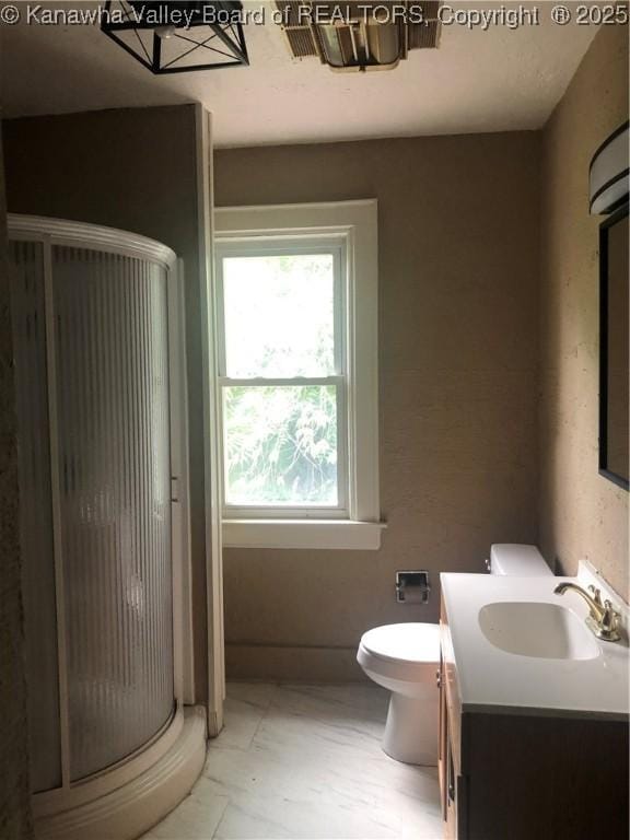 bathroom featuring vanity, a shower with door, and toilet