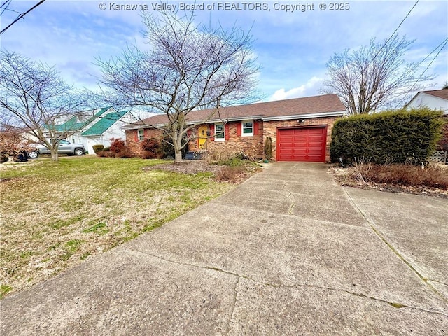 single story home with a front lawn and a garage