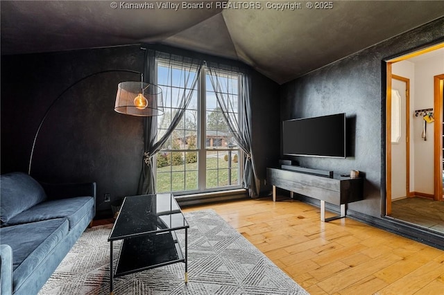 living room featuring lofted ceiling and wood finished floors