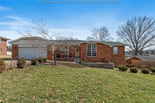 ranch-style house featuring a garage, fence, a front lawn, and brick siding