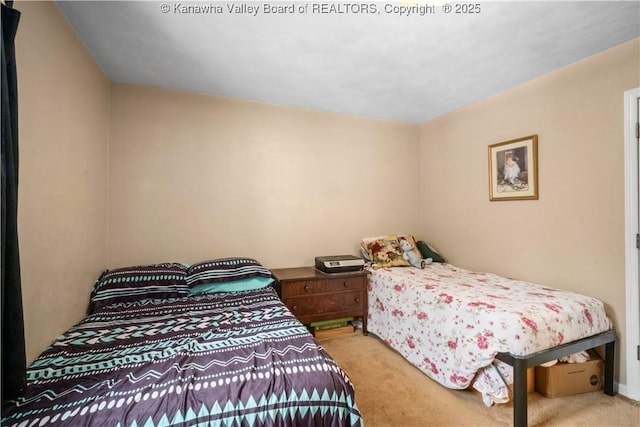 bedroom featuring light colored carpet