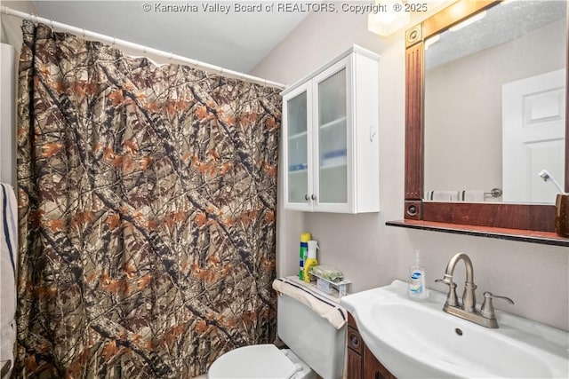 bathroom with a shower with curtain, vanity, and toilet