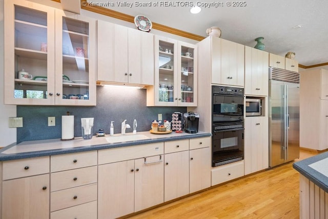 kitchen with light wood finished floors, glass insert cabinets, appliances with stainless steel finishes, a sink, and backsplash