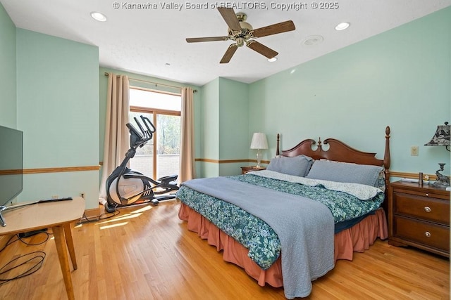 bedroom featuring light wood finished floors, access to outside, ceiling fan, and recessed lighting