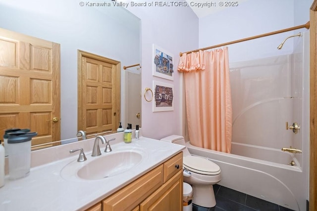 full bathroom with toilet, tile patterned flooring, shower / tub combo with curtain, and vanity