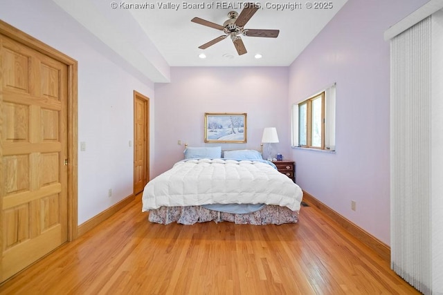 bedroom with baseboards, wood finished floors, a ceiling fan, and recessed lighting