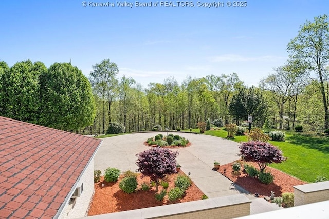 surrounding community with curved driveway and a yard