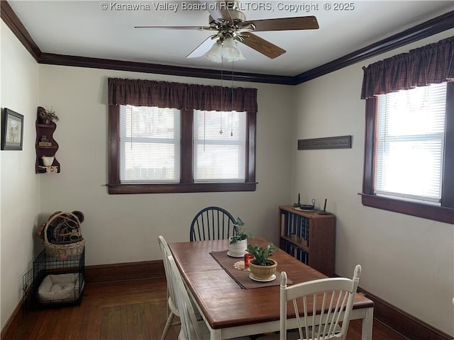 dining space featuring ornamental molding, a ceiling fan, baseboards, and dark wood-style floors