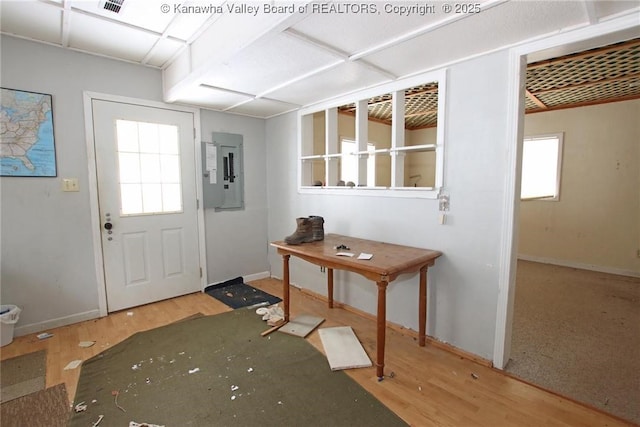 interior space featuring a wealth of natural light, electric panel, baseboards, and wood finished floors