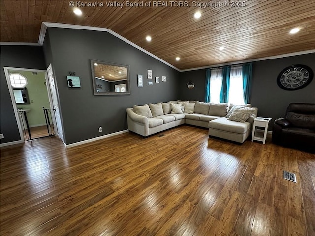 living room featuring ornamental molding, wood finished floors, wood ceiling, and baseboards