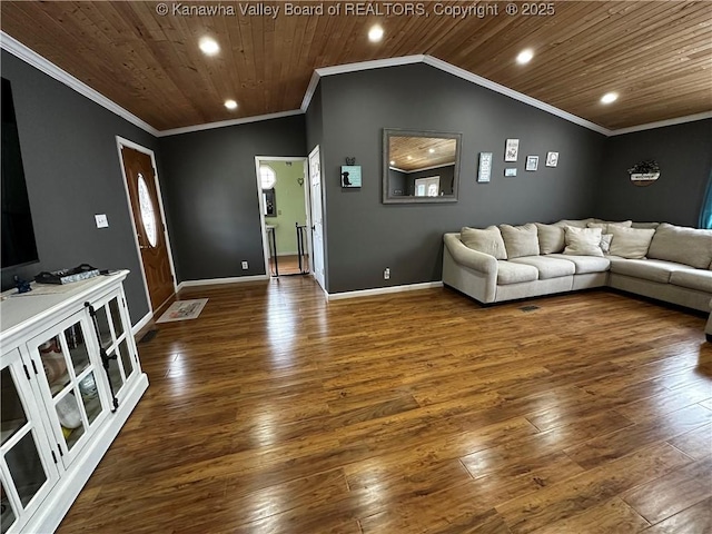 living area with wooden ceiling, baseboards, and dark wood-type flooring