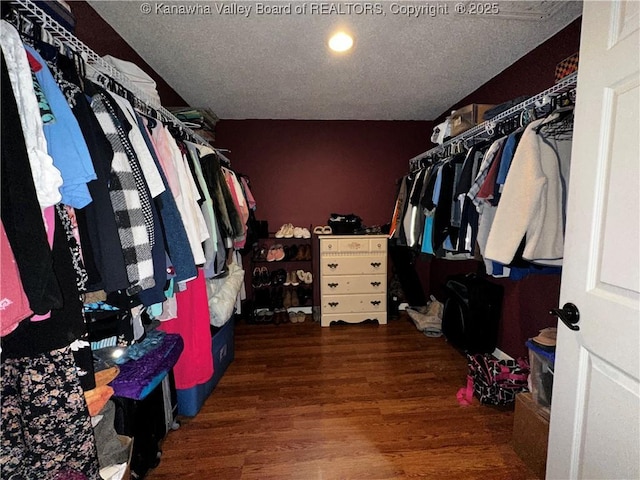 walk in closet with dark wood-type flooring