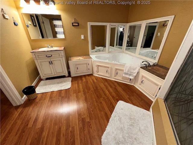 full bathroom with wood finished floors, two vanities, a sink, baseboards, and a bath