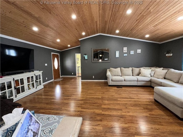 living area with lofted ceiling, wooden ceiling, wood finished floors, baseboards, and crown molding