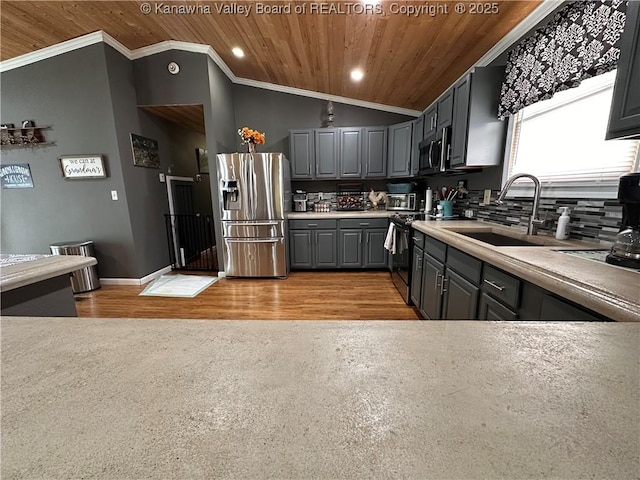 kitchen with stainless steel appliances, gray cabinetry, a sink, vaulted ceiling, and wooden ceiling