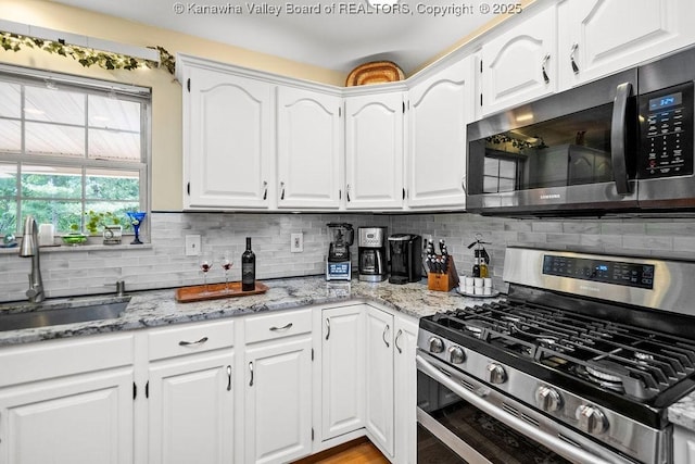 kitchen with white cabinets, light stone counters, appliances with stainless steel finishes, a sink, and backsplash